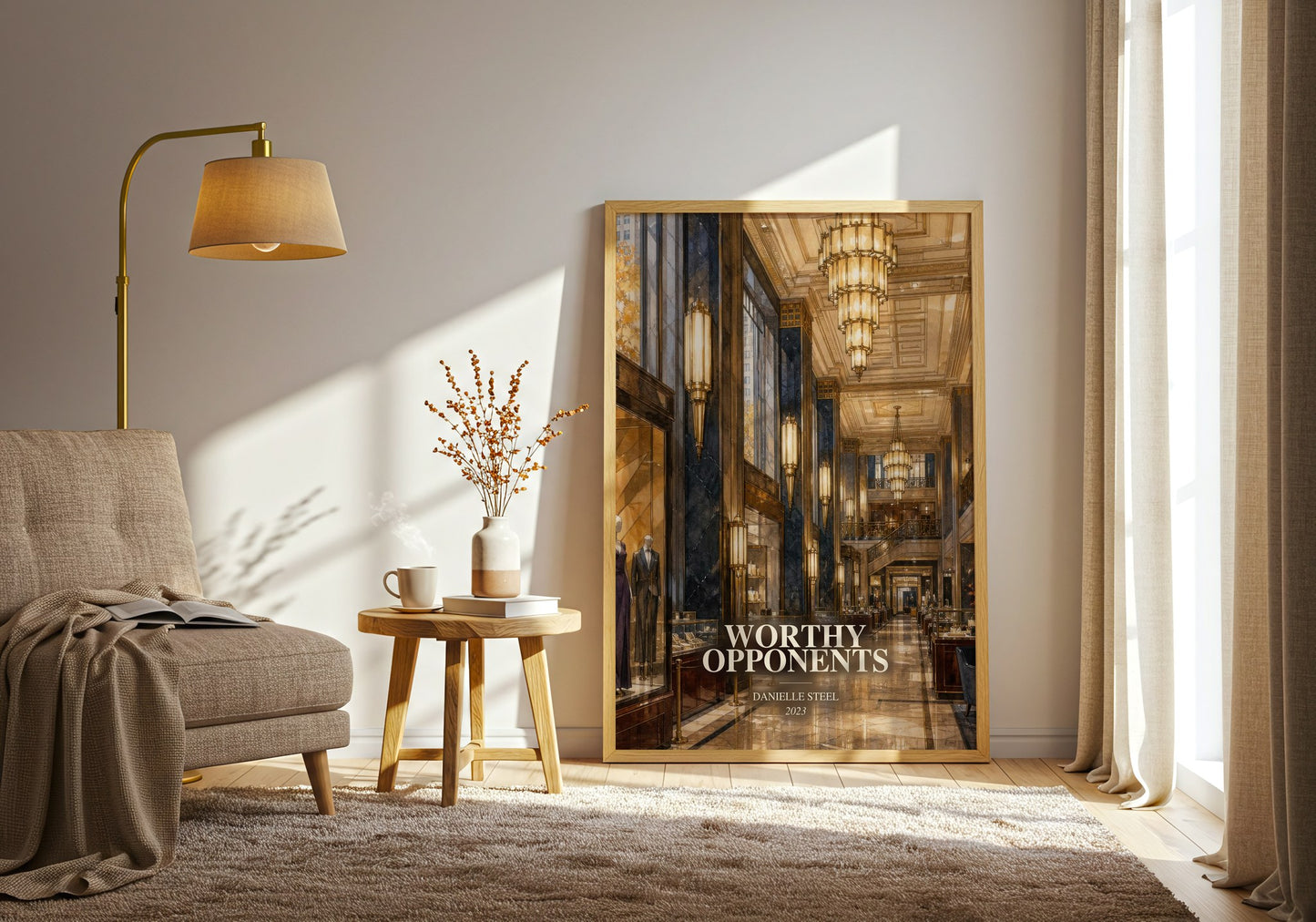Worthy Opponents watercolour print in frame leaning in hallway – contemporary fiction wall art