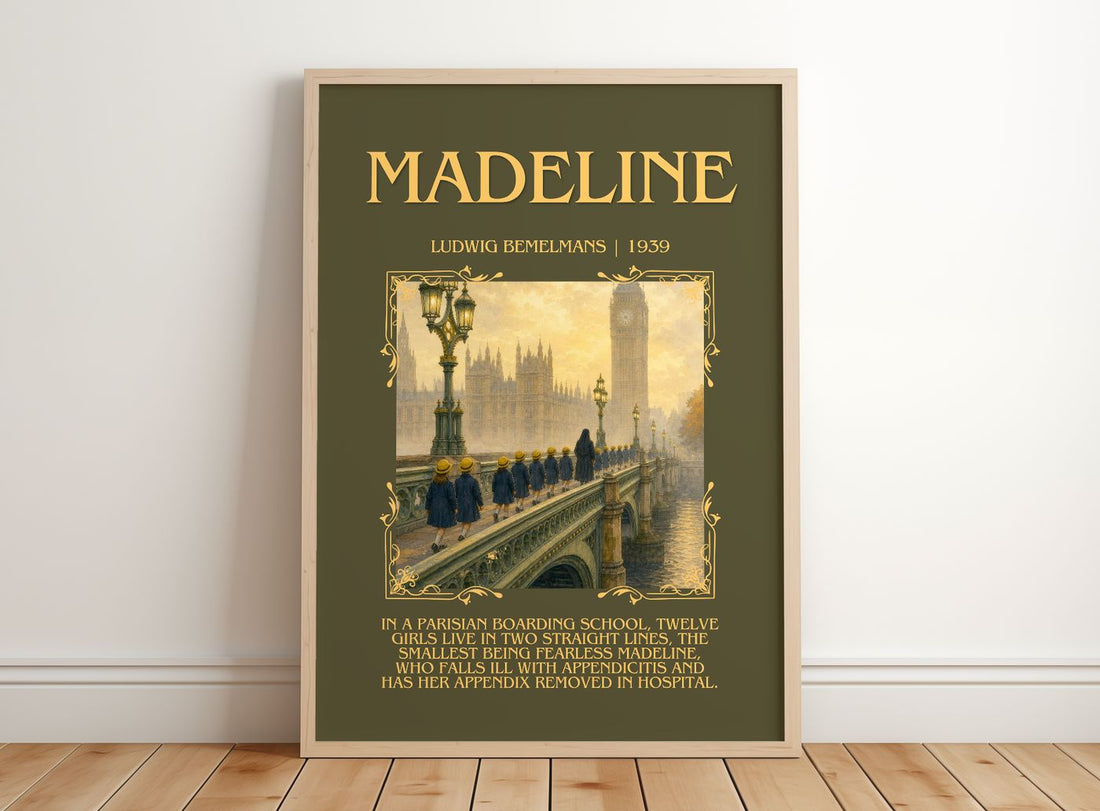 Madeline Minimalist Book Poster by Ludwig Bemelmans – framed print leaning on a wooden floor