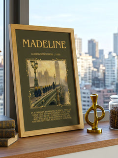 Madeline Minimalist Book Poster by Ludwig Bemelmans – framed print on a city-view windowsill