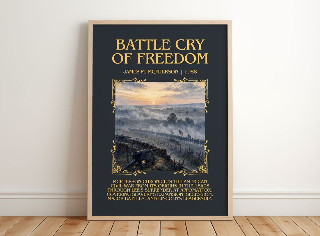 Battle Cry of Freedom Minimalist Book Poster by James M. McPherson – framed print leaning on a wooden floor
