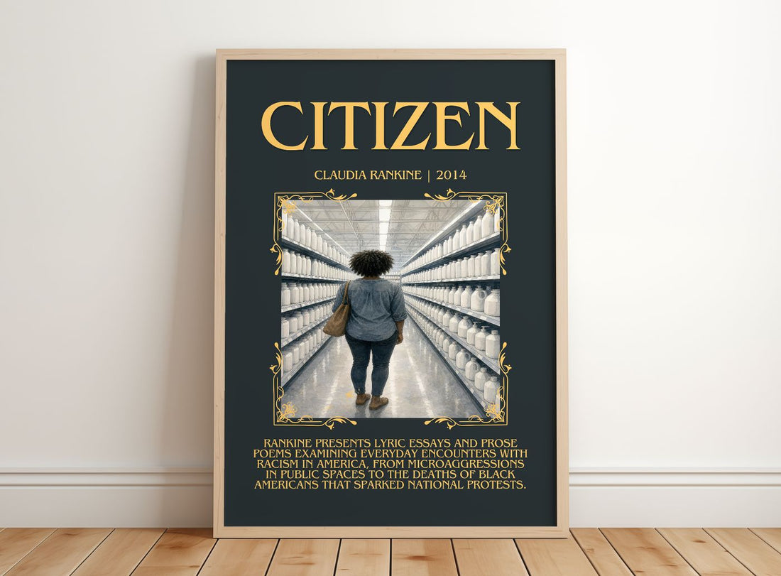Citizen Minimalist Book Poster by Claudia Rankine – framed print leaning on a wooden floor