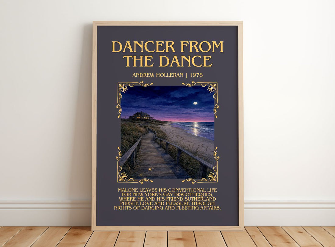 Dancer From The Dance Minimalist Book Poster by Andrew Holleran – framed print leaning on a wooden floor