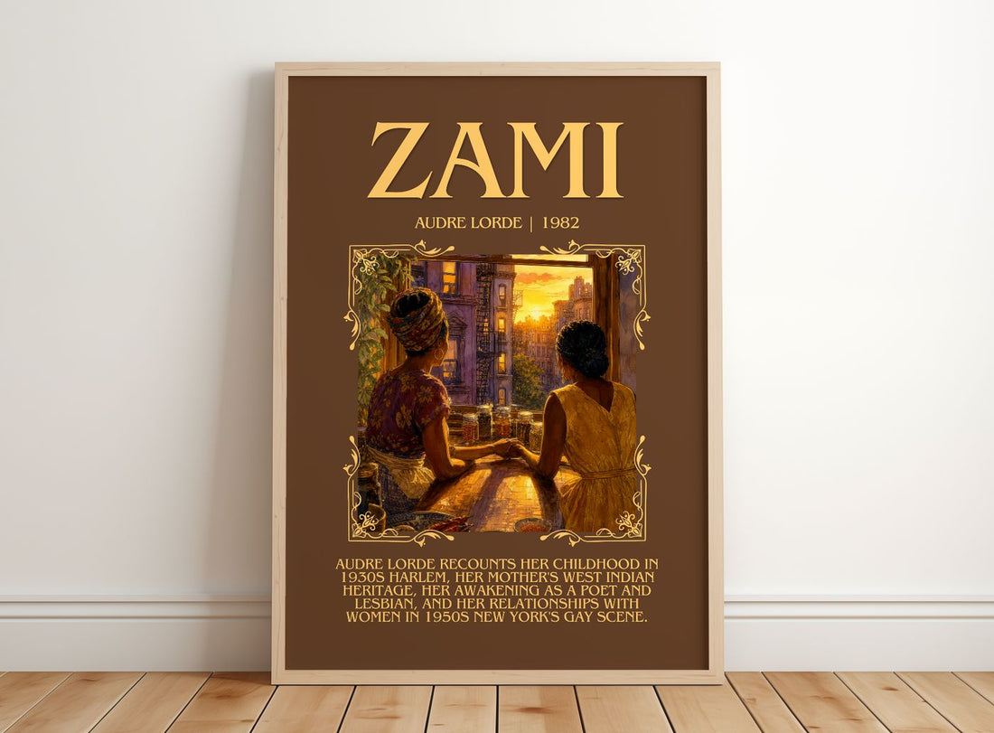 Zami Minimalist Book Poster by Audre Lorde – framed print leaning on a wooden floor