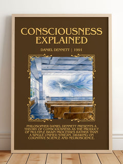 Consciousness Explained Minimalist Book Poster by Daniel Dennett – framed print leaning on a wooden floor