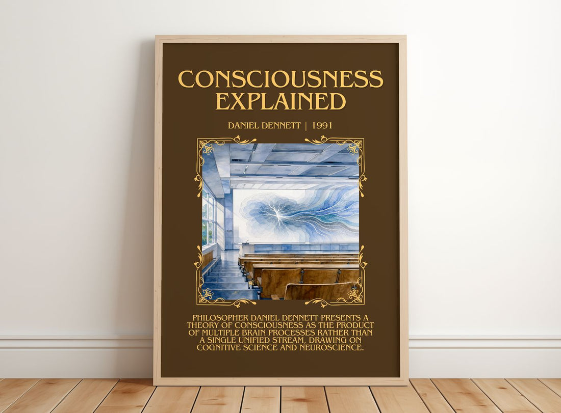 Consciousness Explained Minimalist Book Poster by Daniel Dennett – framed print leaning on a wooden floor