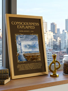 Consciousness Explained Minimalist Book Poster by Daniel Dennett – framed print on a city-view windowsill