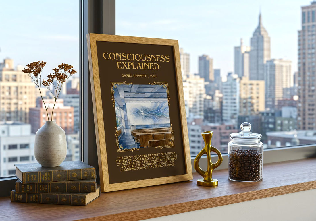 Consciousness Explained Minimalist Book Poster by Daniel Dennett – framed print on a city-view windowsill