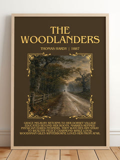The Woodlanders Minimalist Book Poster by Thomas Hardy – framed print leaning on a wooden floor