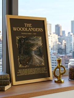 The Woodlanders Minimalist Book Poster by Thomas Hardy – framed print on a city-view windowsill