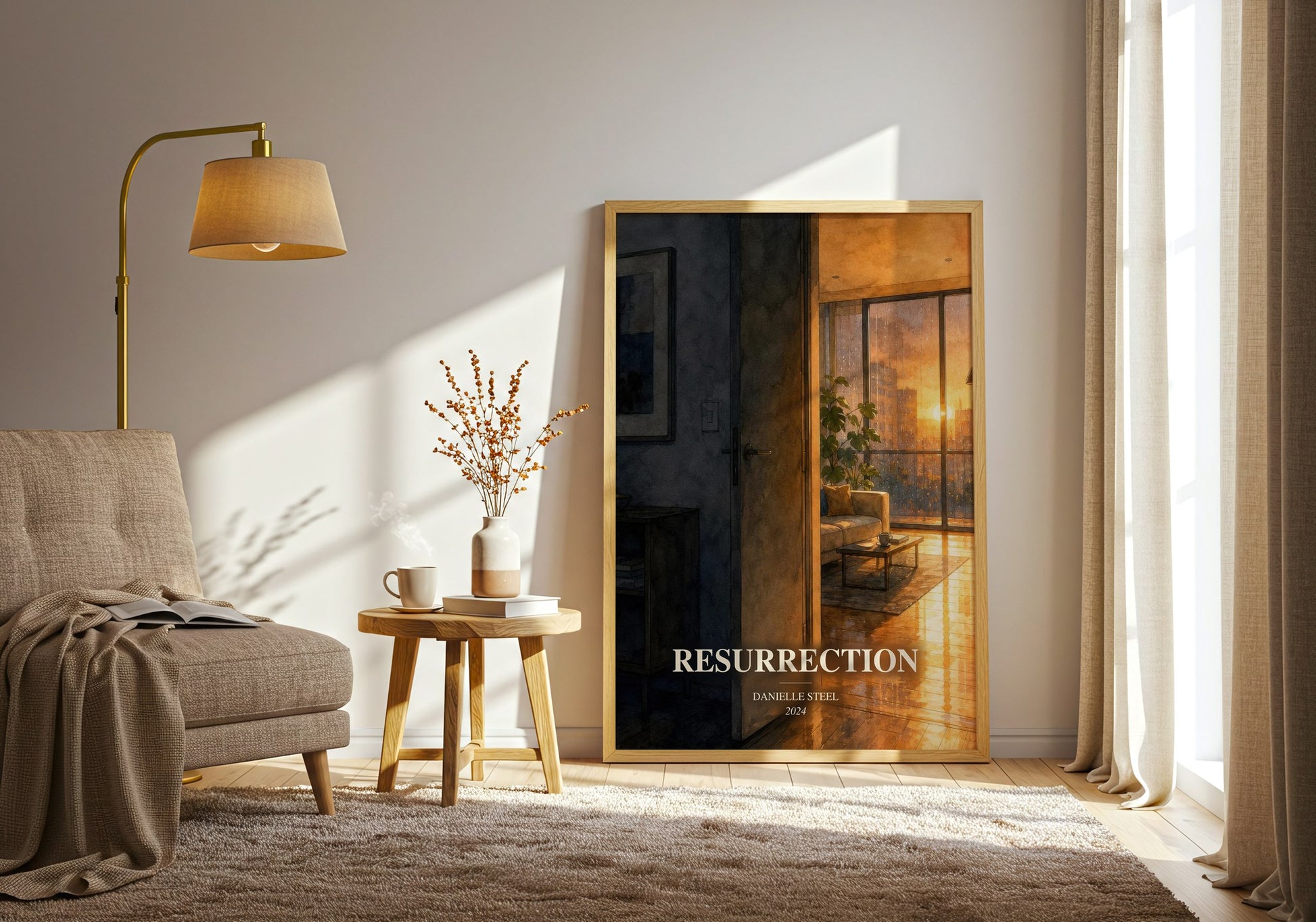 Resurrection watercolour print in frame leaning in hallway – contemporary fiction wall art