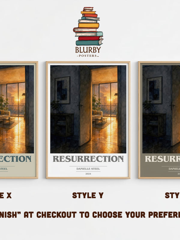 Resurrection book cover print in frame leaning in hallway – contemporary fiction wall art