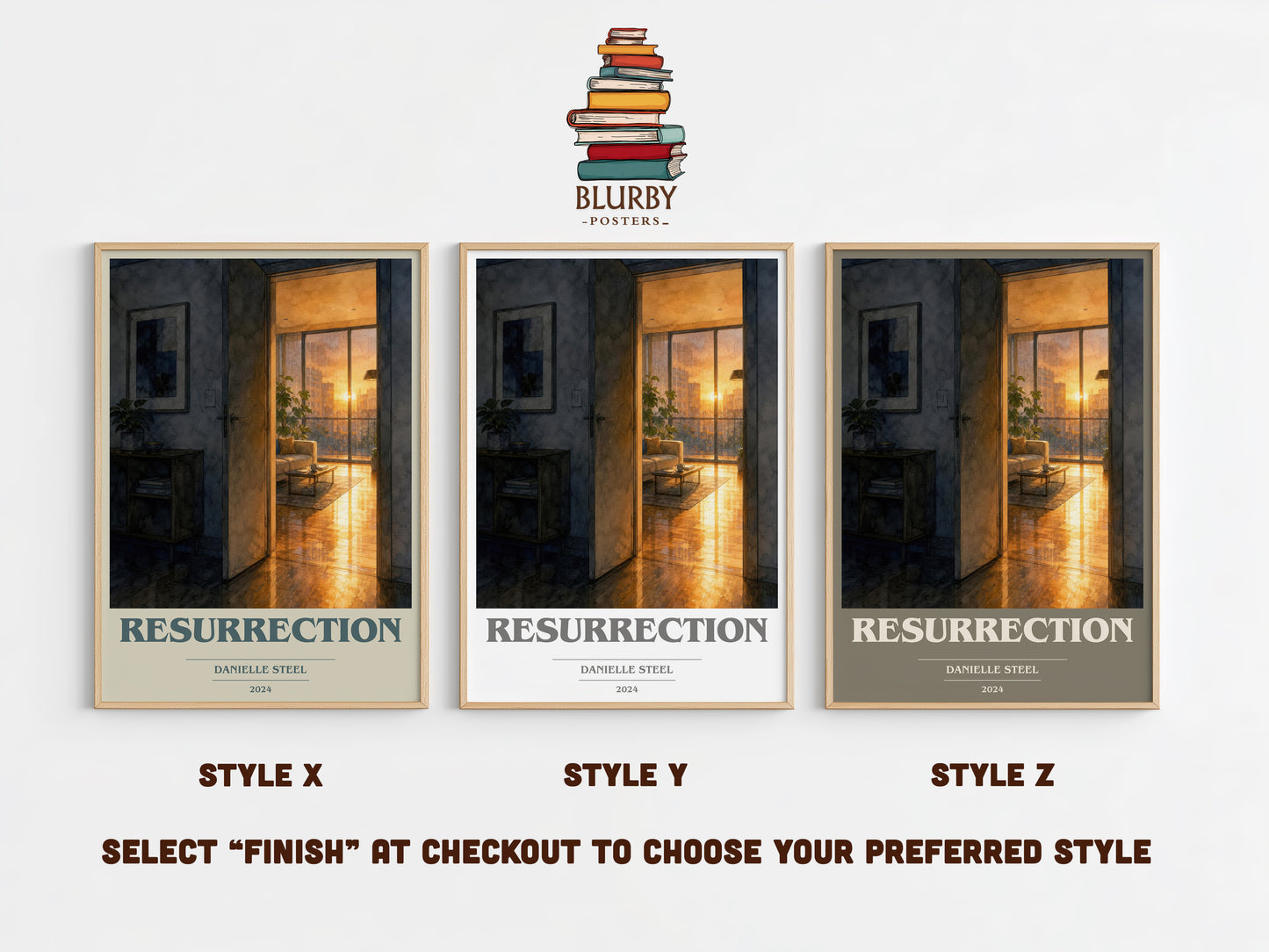 Resurrection book cover print in frame leaning in hallway – contemporary fiction wall art