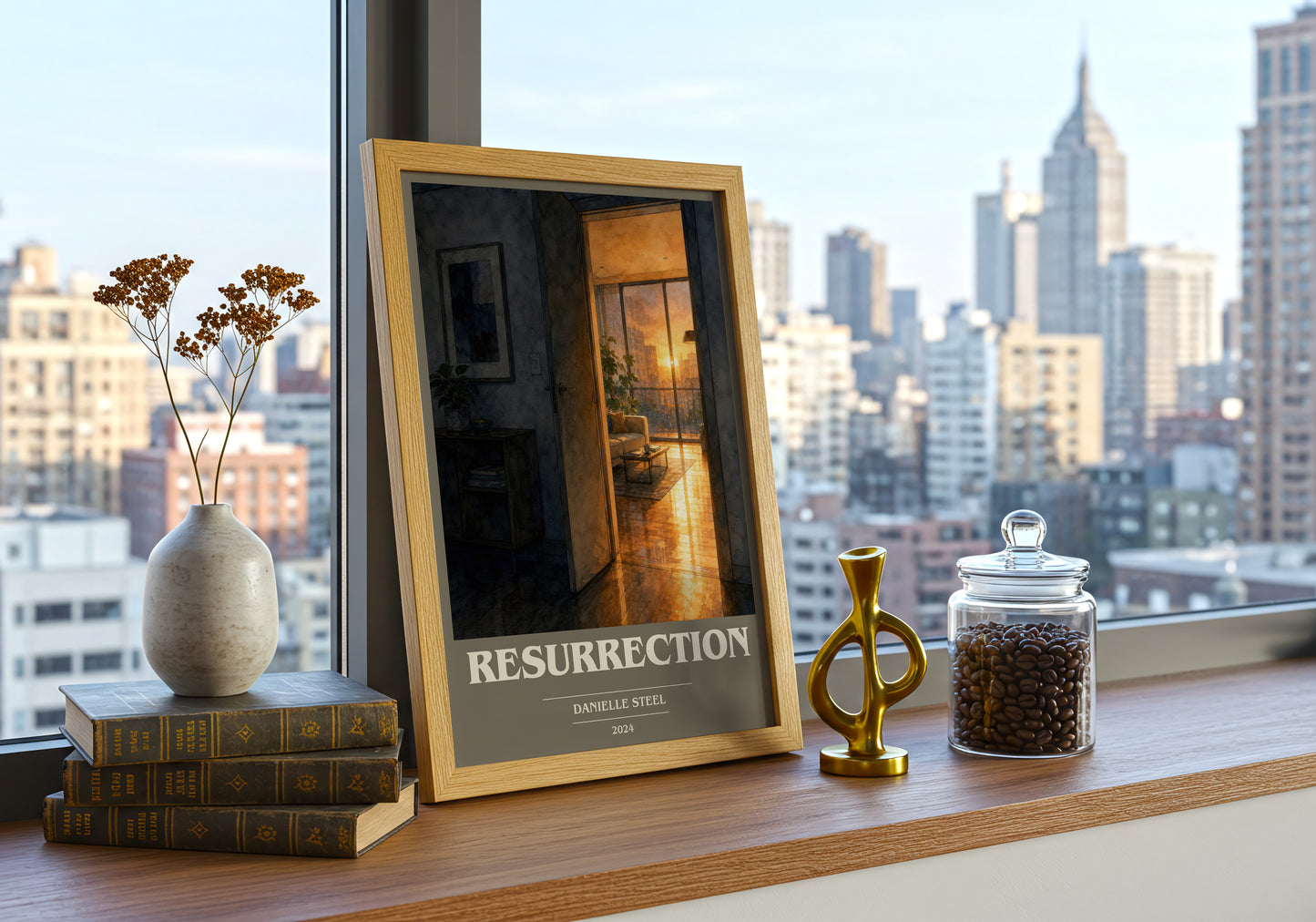 Resurrection book cover print framed by window – literary home decor