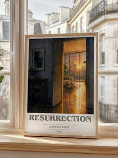 Resurrection Book Cover Poster by Danielle Steel – framed print by a bright window