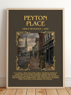 Peyton Place Minimalist Book Poster by Grace Metalious – framed print leaning on a wooden floor