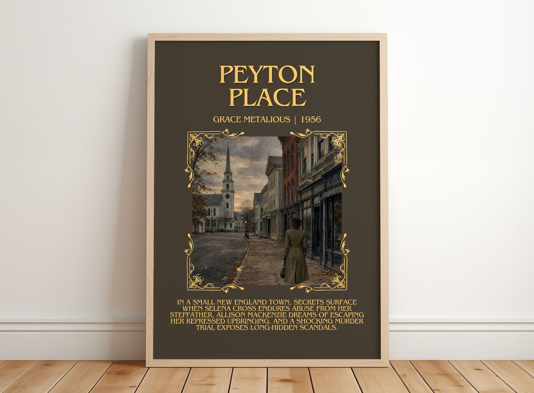 Peyton Place Minimalist Book Poster by Grace Metalious – framed print leaning on a wooden floor