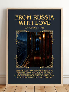 From Russia with Love Minimalist Book Poster by Ian Fleming – framed print leaning on a wooden floor