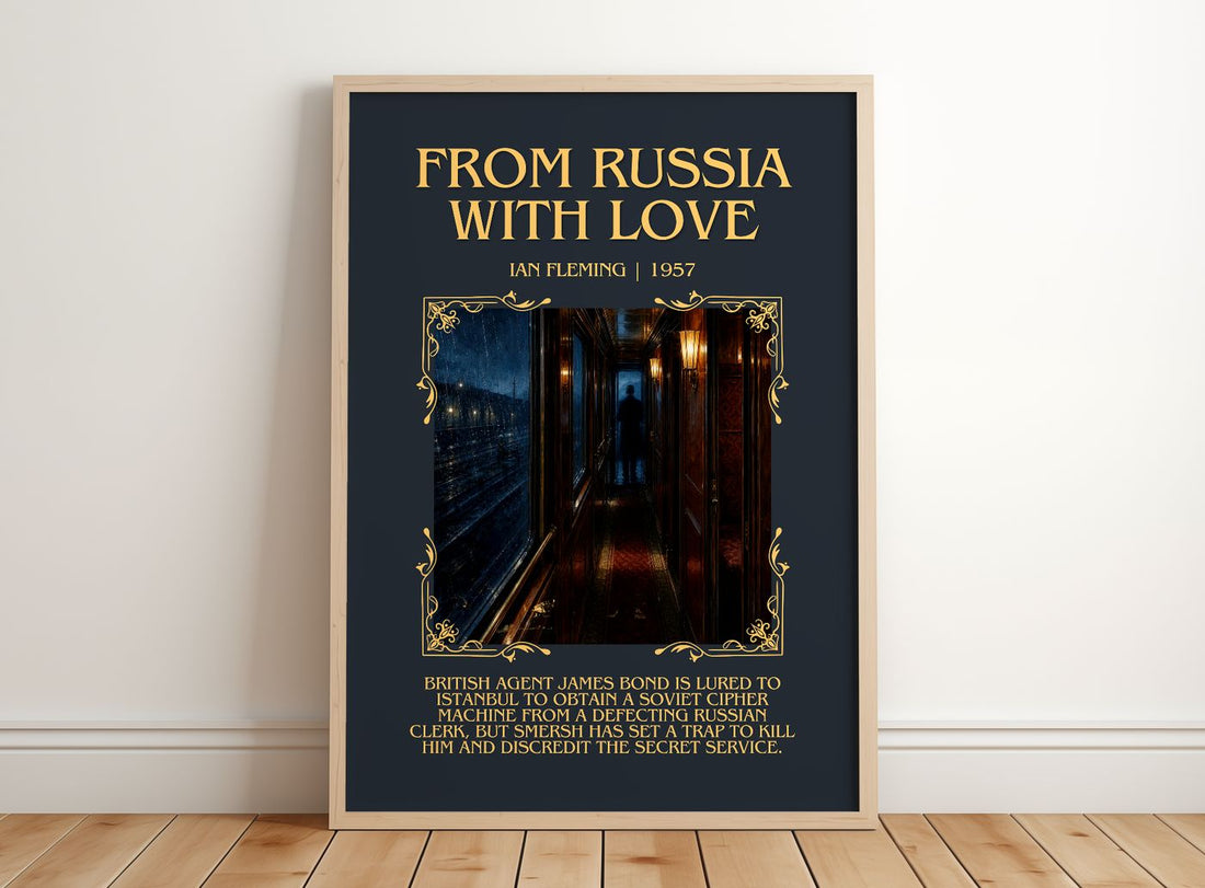 From Russia with Love Minimalist Book Poster by Ian Fleming – framed print leaning on a wooden floor