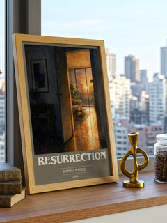 Resurrection Book Cover Poster by Danielle Steel – framed print on a city-view windowsill