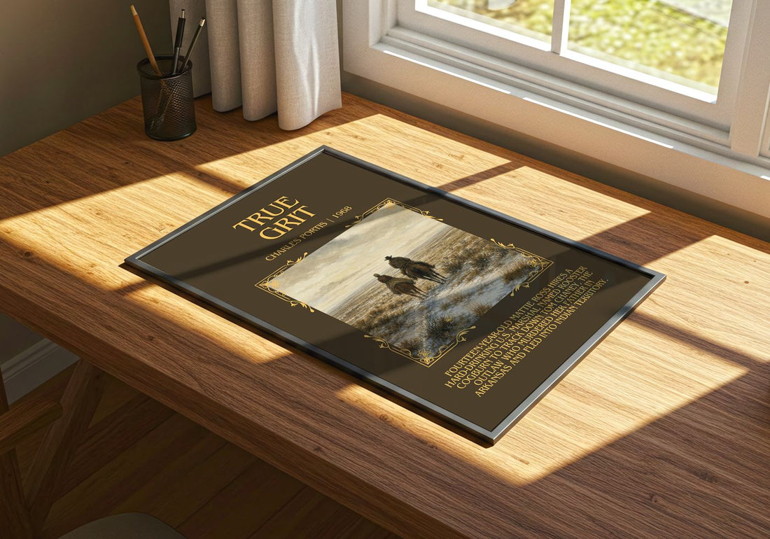 True Grit Minimalist Book Poster by Charles Portis – print on a sunlit desk