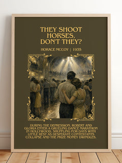 They Shoot Horses, Don't They? Minimalist Book Poster by Horace McCoy – framed print leaning on a wooden floor