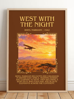 West With the Night Minimalist Book Poster by Beryl Markham – framed print leaning on a wooden floor
