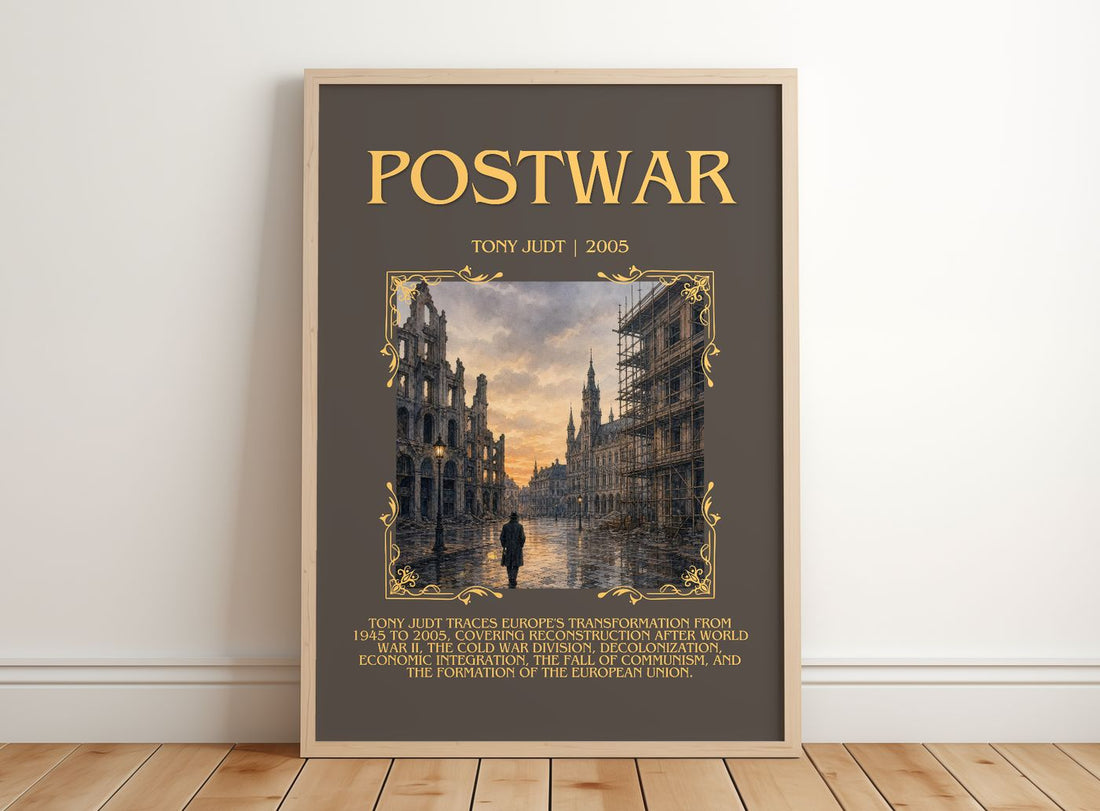 Postwar Minimalist Book Poster by Tony Judt – framed print leaning on a wooden floor
