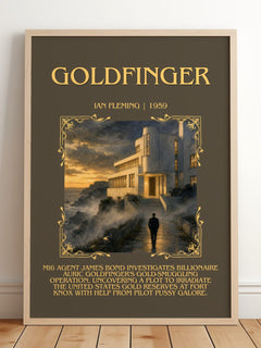 Goldfinger Minimalist Book Poster by Ian Fleming – framed print leaning on a wooden floor