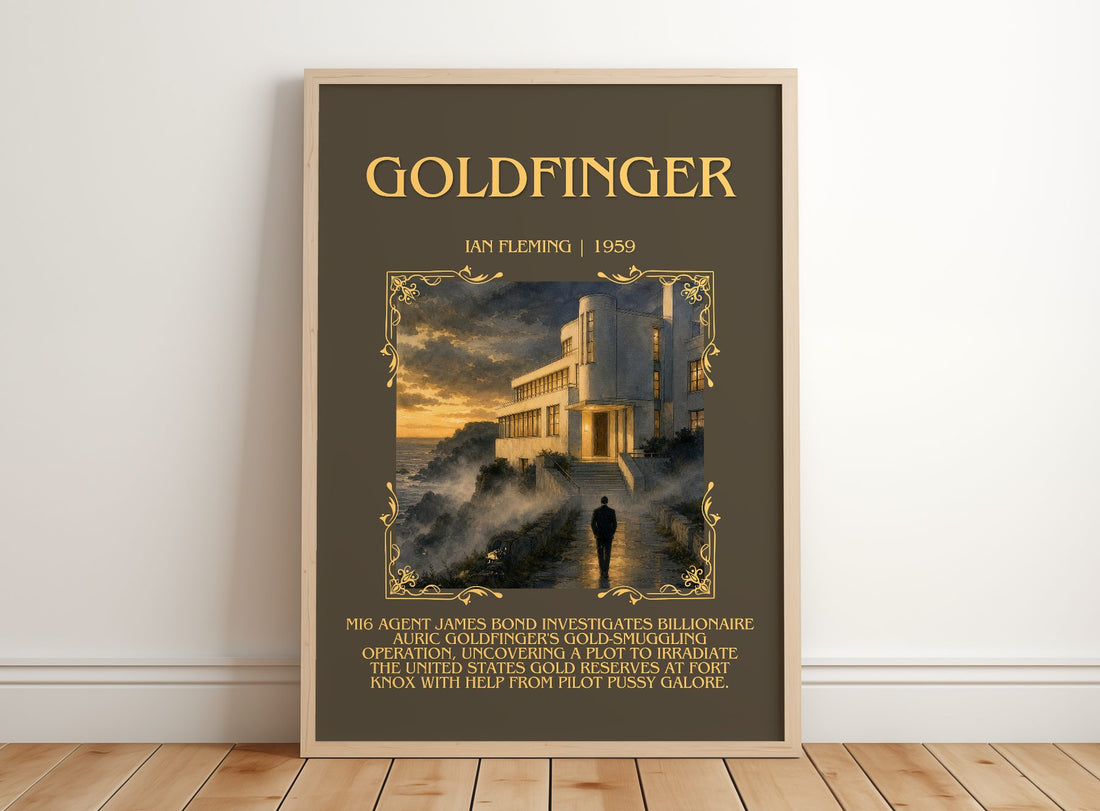 Goldfinger Minimalist Book Poster by Ian Fleming – framed print leaning on a wooden floor