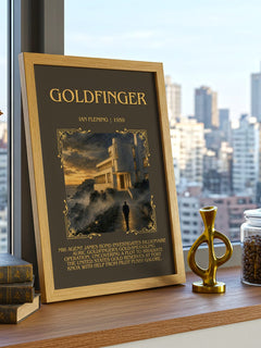 Goldfinger Minimalist Book Poster by Ian Fleming – framed print on a city-view windowsill