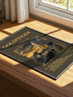 Goldfinger Minimalist Book Poster by Ian Fleming – print on a sunlit desk