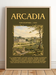 Arcadia Minimalist Book Poster by Tom Stoppard – framed print leaning on a wooden floor