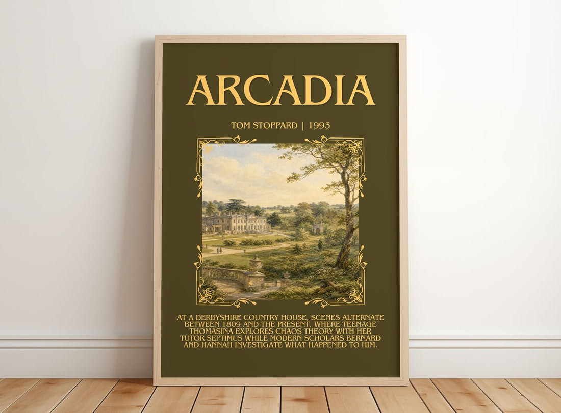 Arcadia Minimalist Book Poster by Tom Stoppard – framed print leaning on a wooden floor