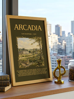 Arcadia Minimalist Book Poster by Tom Stoppard – framed print on a city-view windowsill