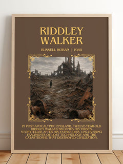 Riddley Walker Minimalist Book Poster by Russell Hoban – framed print leaning on a wooden floor