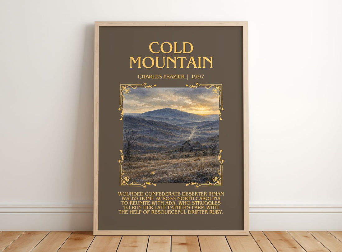 Cold Mountain Minimalist Book Poster by Charles Frazier – framed print leaning on a wooden floor