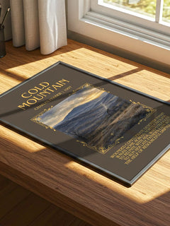 Cold Mountain Minimalist Book Poster by Charles Frazier – print on a sunlit desk