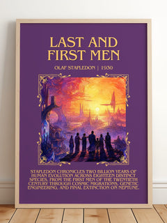 Last And First Men Minimalist Book Poster by Olaf Stapledon – framed print leaning on a wooden floor