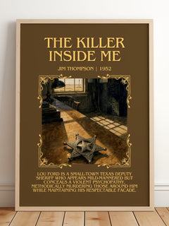 The Killer Inside Me Minimalist Book Poster by Jim Thompson – framed print leaning on a wooden floor