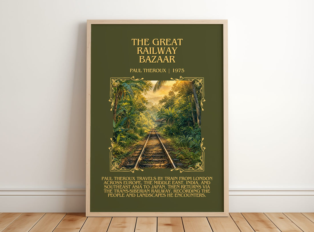 The Great Railway Bazaar Minimalist Book Poster by Paul Theroux – framed print leaning on a wooden floor