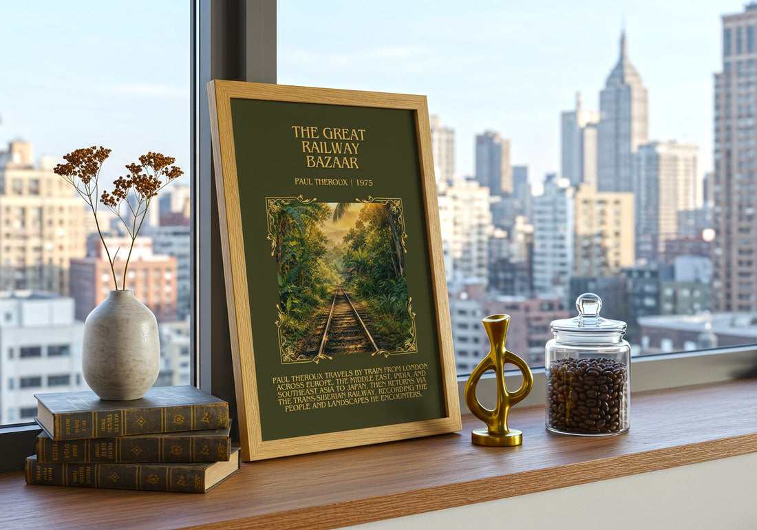 The Great Railway Bazaar Minimalist Book Poster by Paul Theroux – framed print on a city-view windowsill