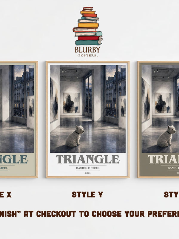 Triangle book cover print in frame leaning in hallway – contemporary fiction wall art