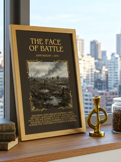 The Face of Battle Minimalist Book Poster by John Keegan – framed print on a city-view windowsill