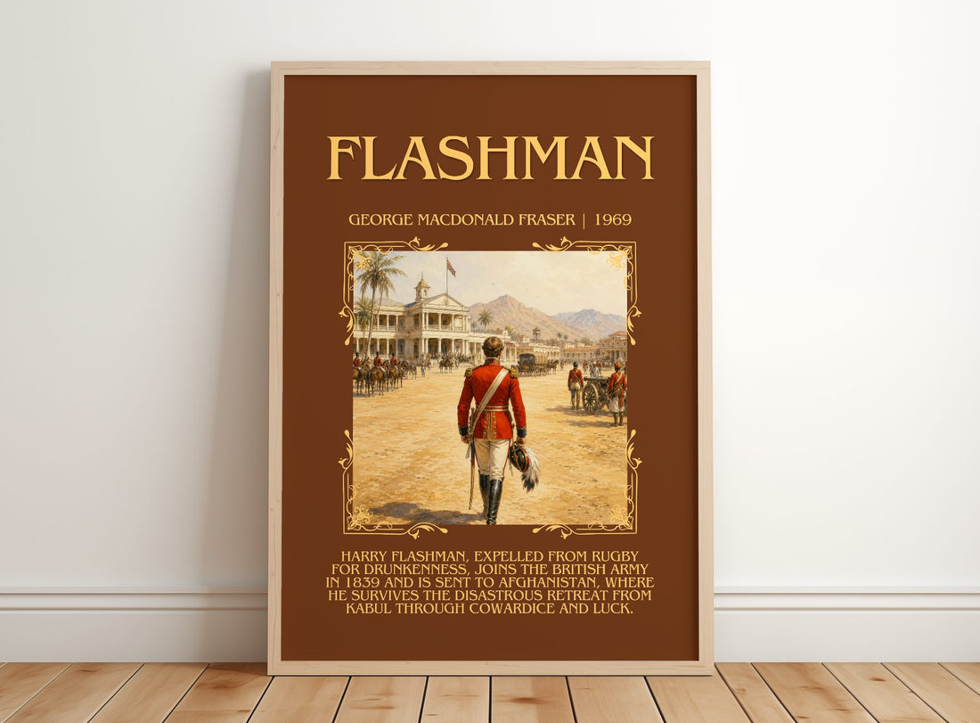 Flashman Minimalist Book Poster by George MacDonald Fraser – framed print leaning on a wooden floor