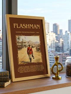 Flashman Minimalist Book Poster by George MacDonald Fraser – framed print on a city-view windowsill
