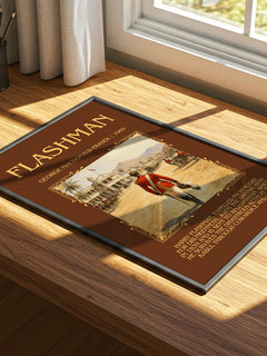 Flashman Minimalist Book Poster by George MacDonald Fraser – print on a sunlit desk