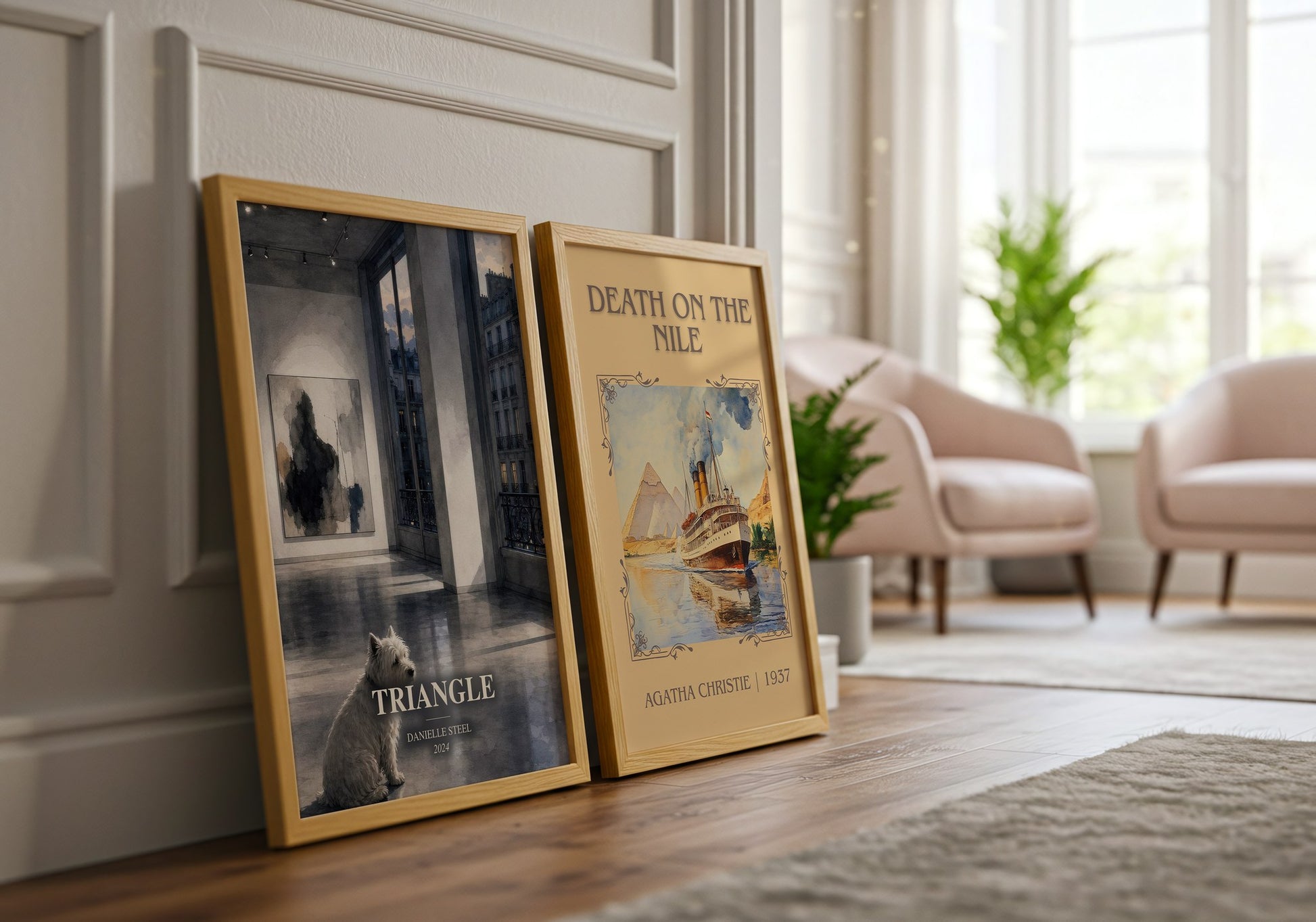 Triangle watercolour print framed by window – literary home decor