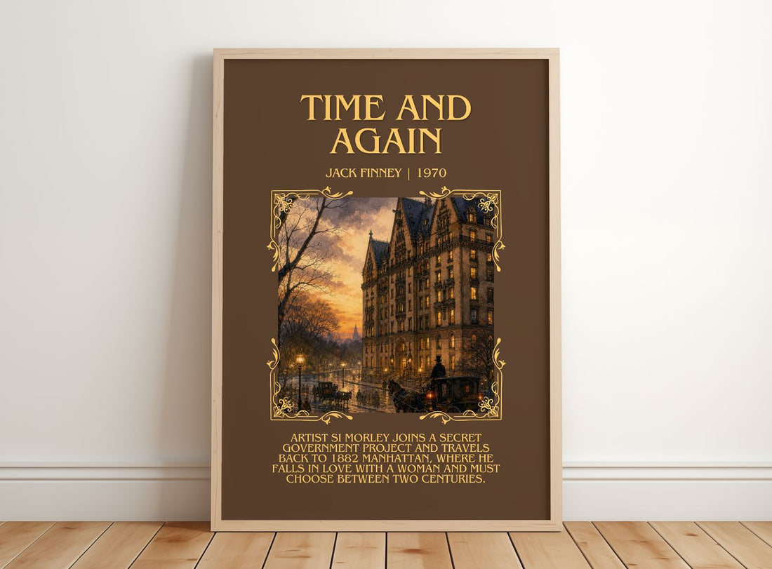 Time and Again Minimalist Book Poster by Jack Finney – framed print leaning on a wooden floor
