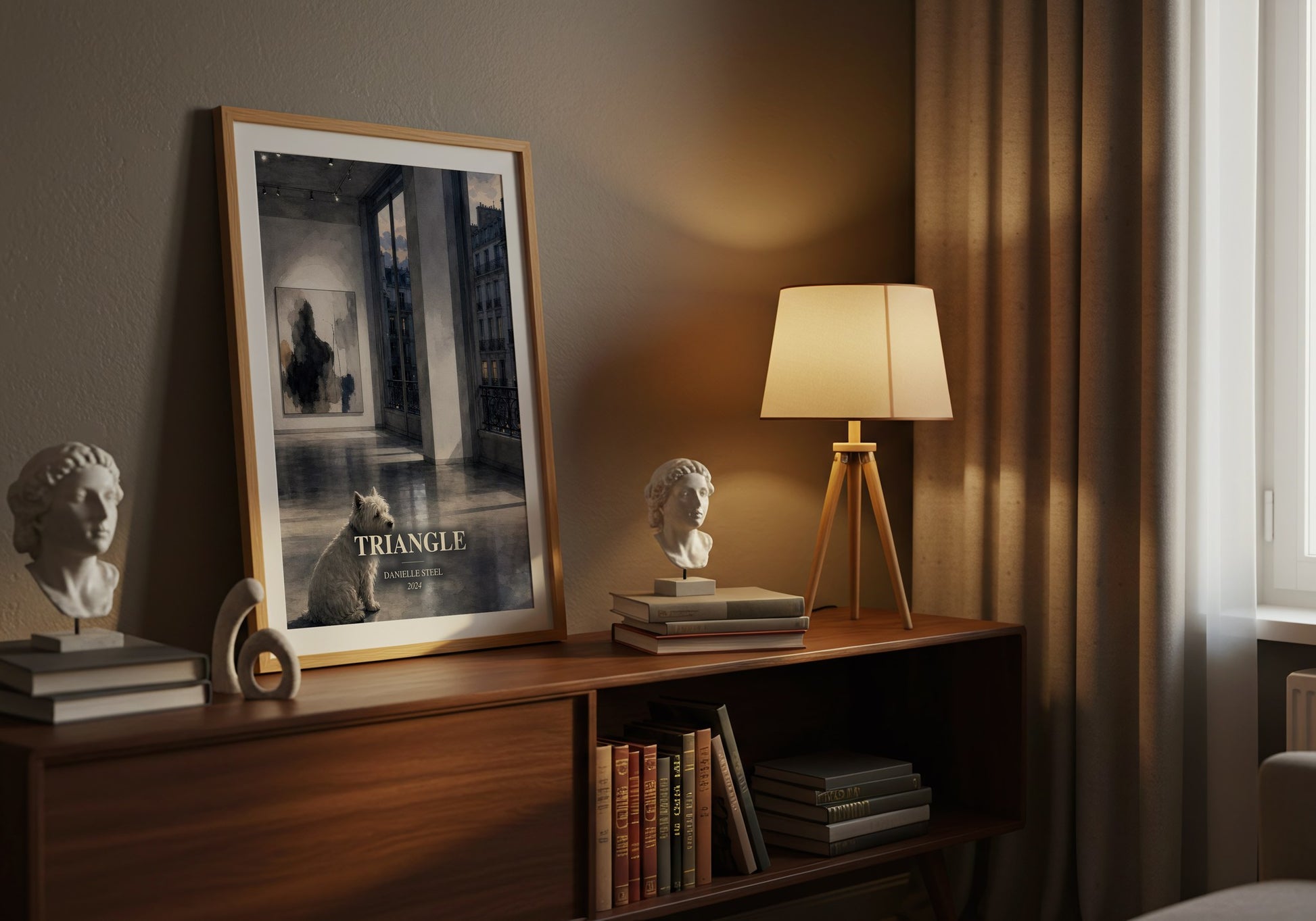 Triangle watercolour print on bookshelf – Danielle Steel fan gift