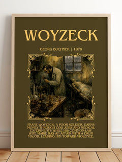 Woyzeck Minimalist Book Poster by Georg Buchner – framed print leaning on a wooden floor
